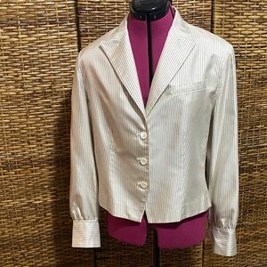 EUC Jones New York 100% silk white navy blue pinstripe jacket blazer 14